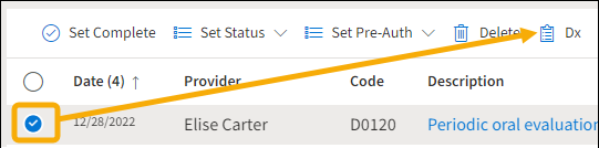 The ledger with a yellow highlight box around the radio button and a yellow arrow pointing towards the DX icon.